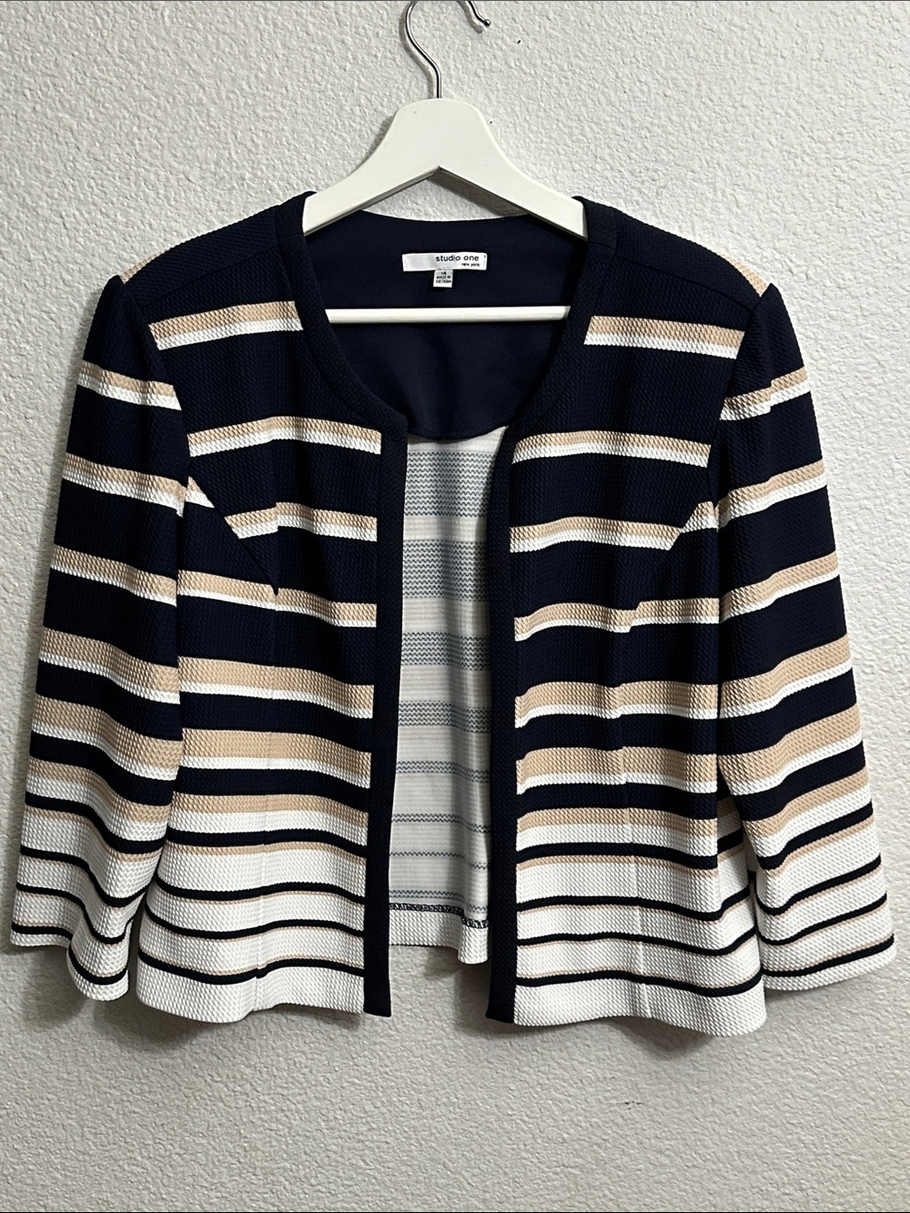 Studio One NY Blazer Open Front Navy Tan Striped Business Womens Size 14